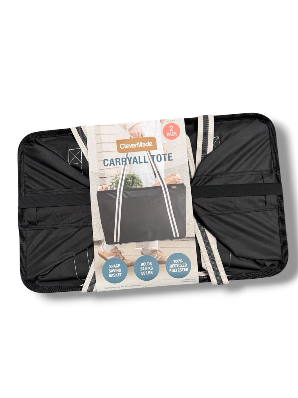CleverMade 2 Pair Collapsible Carryall Tote - Black with Cream Straps
